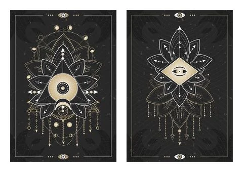 Vector dark illustrations with sacred geometry symbols, grunge textures and f Stock Illustration