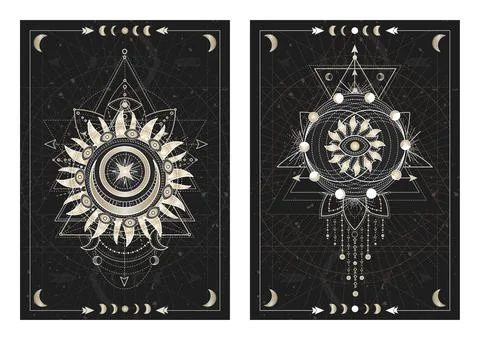 Vector dark illustrations with sacred geometry symbols, grunge textures and f Stock Illustration
