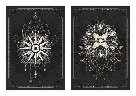 Vector dark illustrations with sacred geometry symbols, grunge textures and f Stock Illustration