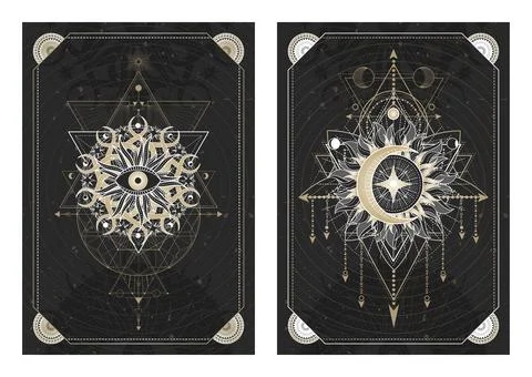 Vector dark illustrations with sacred geometry symbols, grunge textures and f Stock Illustration