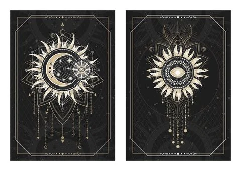 Vector dark illustrations with sacred geometry symbols, grunge textures and f Stock Illustration