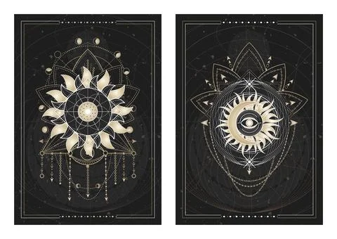 Vector dark illustrations with sacred geometry symbols, grunge textures and f Stock Illustration