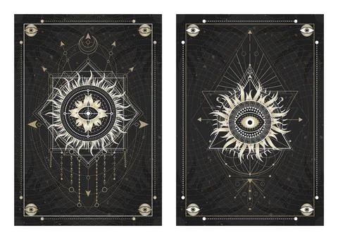 Vector dark illustrations with sacred geometry symbols, grunge textures and f Stock Illustration