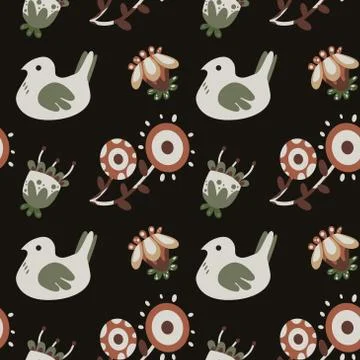 Vector dark naive fantasy flower and birds pattern Stock Illustration