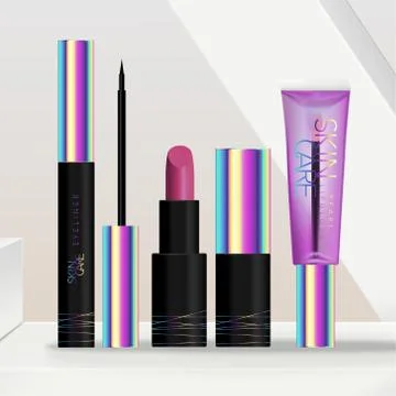 Vector Dark or Black Holographic Skincare or Beauty Packaging Set Stock Illustration