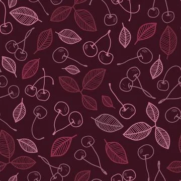 Vector dark red cherries seamless pattern print background. Stock Illustration