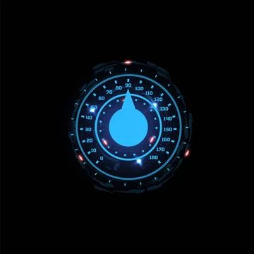 Vector dashboard with speedometer in neon blue glow, with dial and arrow. Illustrazione stock