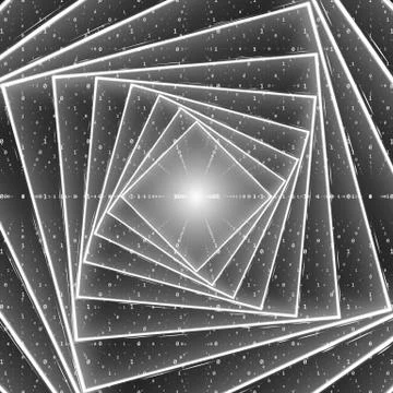 Vector data flow visualization. Square twisted glowing tunnel of grayscale bi 库存插图