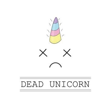 Vector. dead unicorn head with crossed eye and rainbow mane on white Stock Illustration