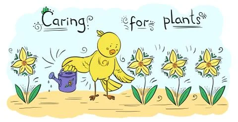 Vector decor illustration Bird watering plants - greeting card Stock Illustration