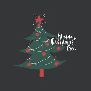 Vector decorated Christmas tree, handwritten phrase Happy Christmas tree Stock Illustration