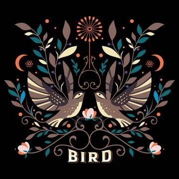Vector decoration of plants and birds inherent in the design Stock Illustration