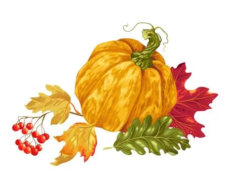 Vector decorative element with pumpkin and maple leaves and other elements Stock Illustration