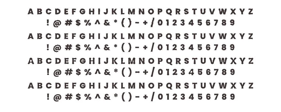 Vector decorative font set with bold alphabet letters, numbers, and symbols.. Stock Illustration