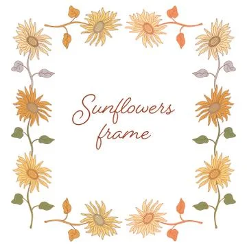 Vector decorative frame with beautiful sunflowers on long stems. Stock Illustration