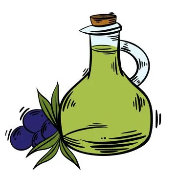 Vector decorative sketch of bottle olive oil with tree branch black olives Stock Illustration