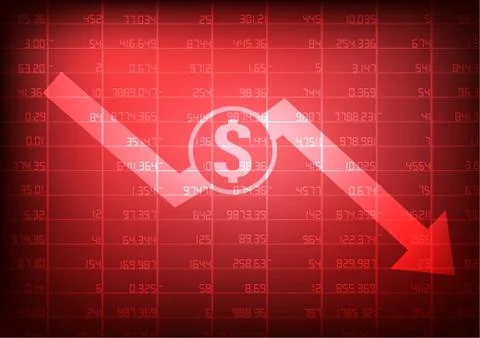 Vector : Decreasing arrow with dollar sign on red stock board background Stock Illustration