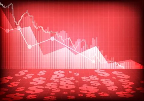 Vector : Decreasing business graph and dollar signs on red background Stock Illustration