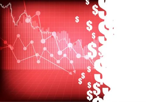 Vector : Decreasing business graph and dollar signs on red background Stock Illustration