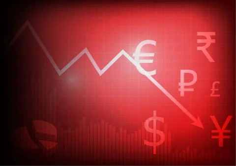 Vector :  Decreasing business graph with currency sign on red background Stock Illustration
