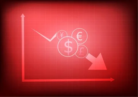 Vector : Decreasing business graph with currency symbols on red background Stock Illustration