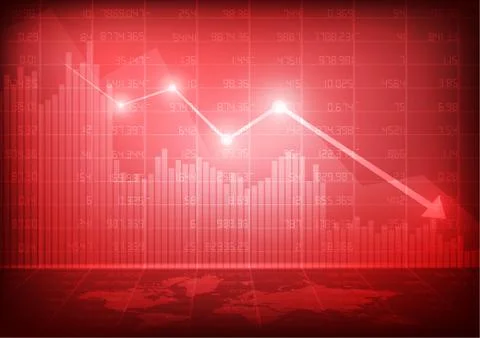 Vector : Decreasing business graph with world map on red stock board Stock Illustration