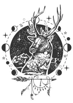 Vector deer head tattoo or t-shirt print design Stock Illustration