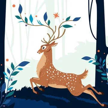 Vector deer jumping in the forest Stock Illustration
