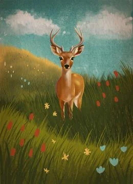 Vector Deer or roe deer in meadow with flowers Woodland forest animal digital  Иллюстрация