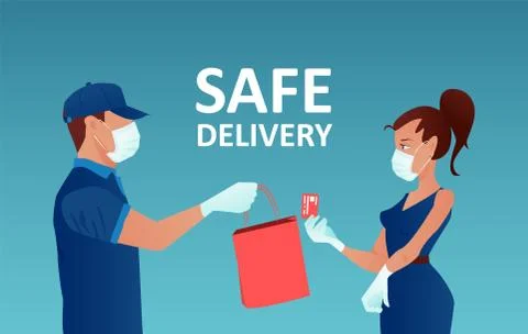 Vector of a delivery man in a face mask, wearing gloves holding a bag and a c Stock Illustration