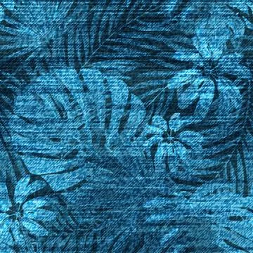 Vector denim exotic leaf seamless pattern. Faded jeans background with tropical Stock Illustration