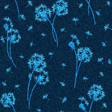 Vector denim floral seamless pattern. Faded jeans background with dandelion Stock Illustration