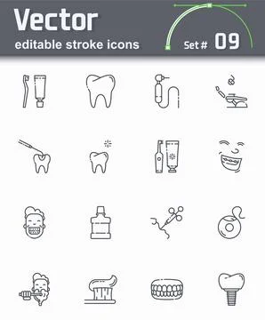 Vector dental care icon set. Editable stroke line icons Stock Illustration