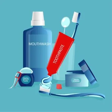 Vector of dental cleaning tools and oral hygiene products. Stock Illustration