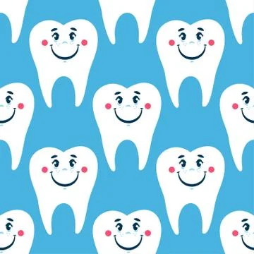 Vector dental seamless pattern cute white teeth on the light blue background Illustrazione stock