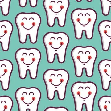 Vector dental seamless pattern cute smiley white teeth on the light blue Stock Illustration