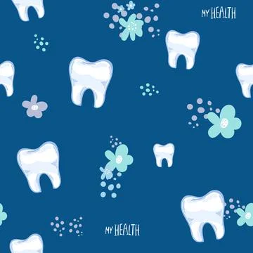 Vector dental seamless pattern: white teeth on blue background. Cute funny ha Stock Illustration