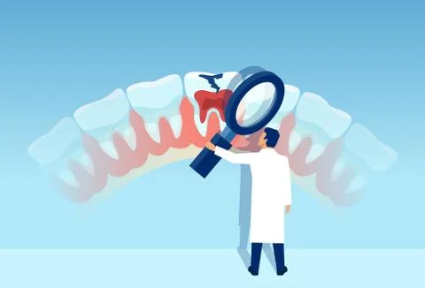 Vector of a dentist with magnifying glass checking tooth with decay Stock Illustration
