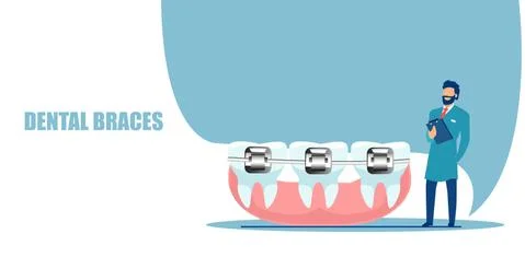 Vector of a dentist standing near teeth with dental braces Stock Illustration