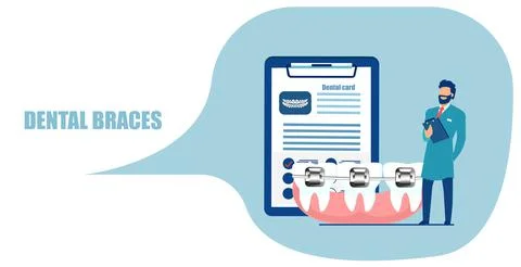 Vector of a dentist standing near teeth with dental braces Stock Illustration