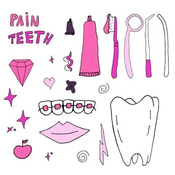Vector dentist's tools isolated on a white background in doodle style. Stock Illustration
