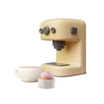 Vector design of a 3D coffee machine with a fresh cup of coffee and dessert Stock Illustration