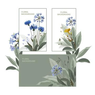 Vector design with blue flowers, green leaves. Stock Illustration