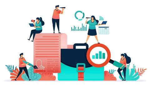 Vector design of briefcase, agreement, magnifying glass, signature, document. Stock Illustration