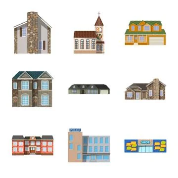 Vector design of building and front symbol. Set of building and roof stock Ilustración de archivo