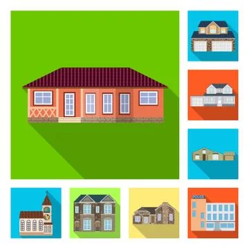 Vector design of building and front sign. Set of building and roof stock symbol Ilustración de archivo