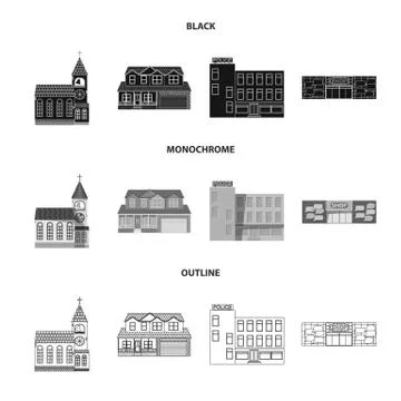 Vector design of building and front sign. Set of building and roof stock symbol Ilustración de archivo