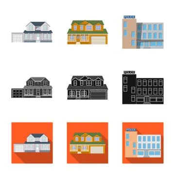 Vector design of building and front sign. Collection of building and roof stock Ilustración de archivo