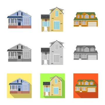 Vector design of building and front sign. Collection of building and roof stock Ilustración de archivo