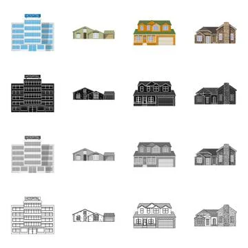 Vector design of building and front sign. Collection of building and roof vector Ilustración de archivo